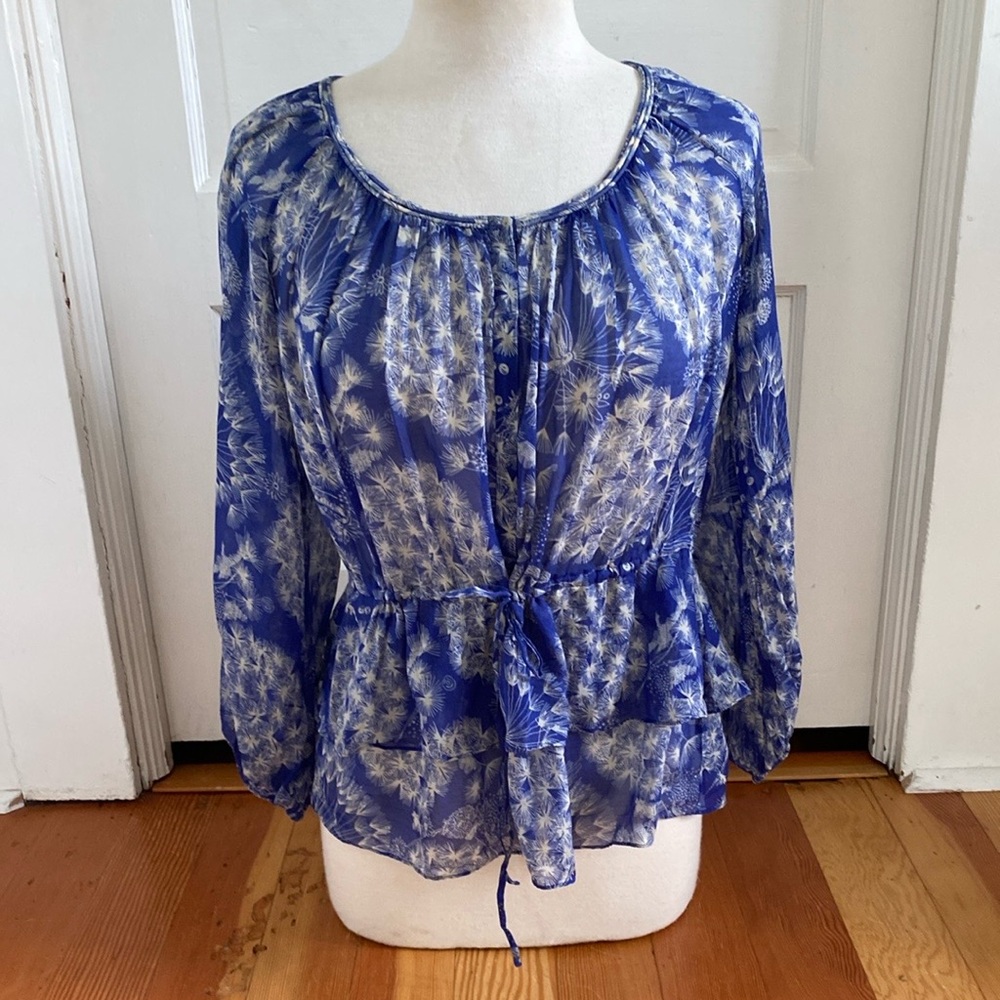 Rebecca Taylor 3/4‎ Sleeve Silk Cotton Blue Floral Top 0